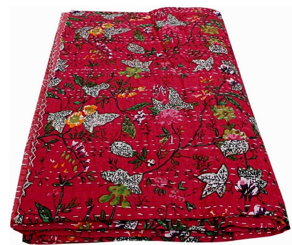 Handmade floral Kantha Blanket bed cover in vibrant red cotton voile with traditional stitching and lightweight layers