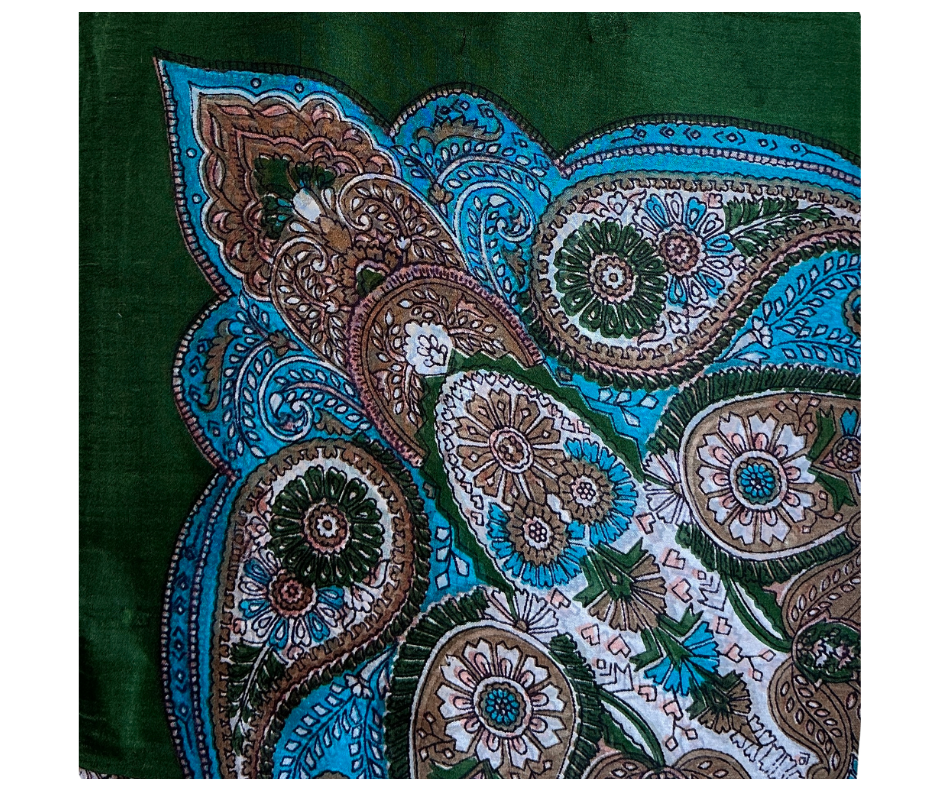 Hand-hemmed lightweight silk scarf with intricate blue and green paisley pattern, perfect Christmas gift