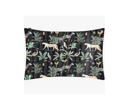 Kantha Blanket Safari Design pillow sham with hand-stitched animal and foliage print on black cotton voile