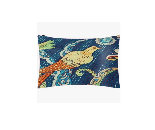Kantha Blanket Bird of Paradise pillow cover with traditional hand-stitched embroidery and colorful bird and floral design on cotton fabric.