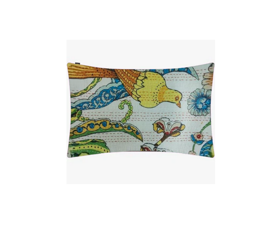 Kantha Blanket pillow with colorful bird and floral hand-stitched embroidery on cotton voile fabric
