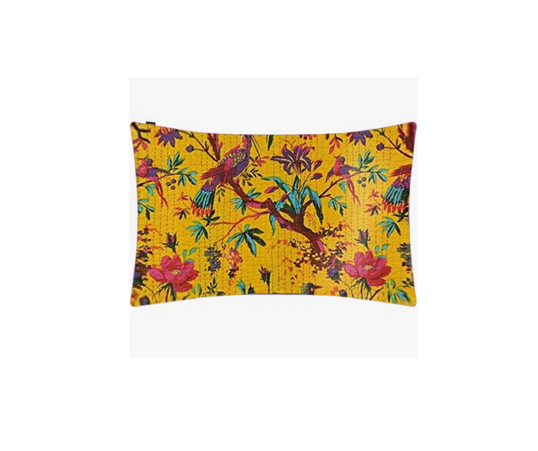 Kantha blanket pillowcase with vibrant Bird of Paradise floral and bird print on yellow cotton voile fabric, hand-stitched and eco-friendly.