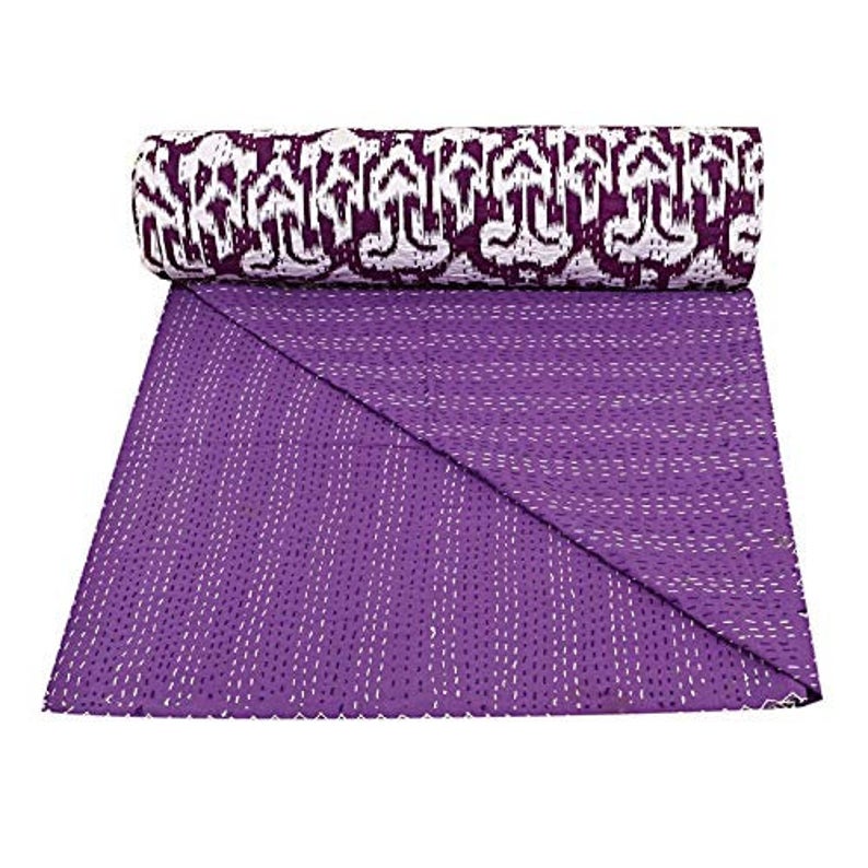 Purple Ikat design Kantha blanket quilt set handmade with 100% cotton voile, reversible with solid backing, lightweight and breathable.