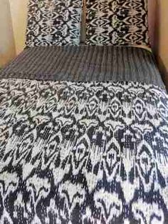 Kantha blanket quilt set with black and white ikat design handcrafted cotton bedspread and matching pillowcases