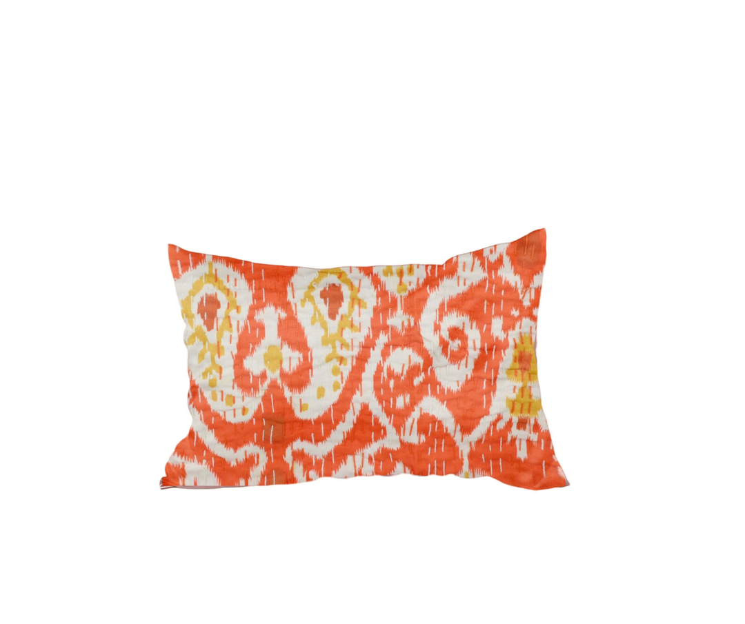 Handmade Kantha Blanket with vibrant orange and white Ikat design, lightweight 100% cotton voile, quilted and Kantha stitched for softness and durability.