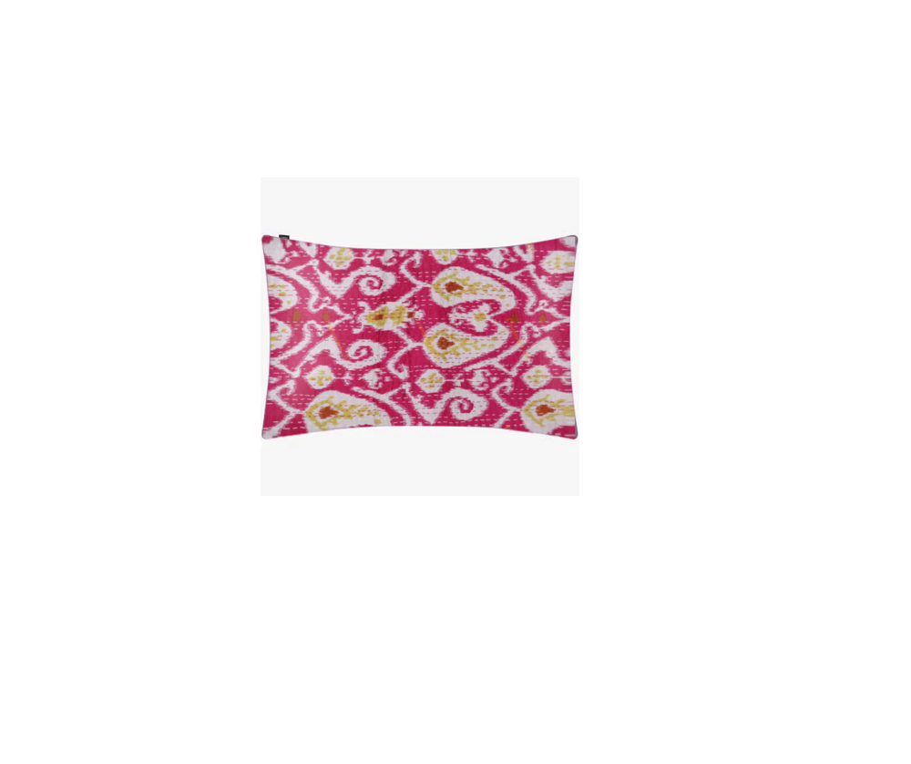 Kantha blanket pillowcase with vibrant pink and white ikat design, handmade cotton quilt accessory