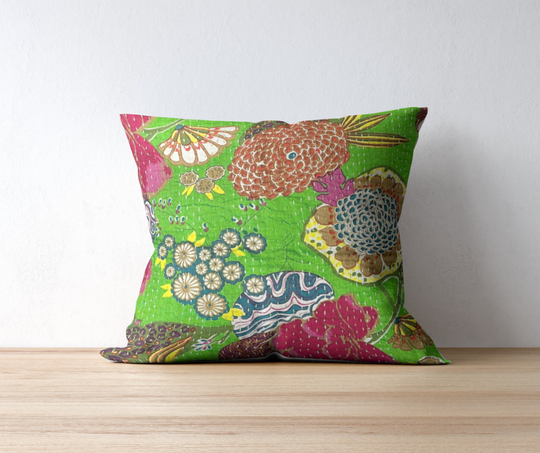 Hand-stitched Kantha throw pillow with vibrant floral pattern in green, pink, and blue cotton voile cover