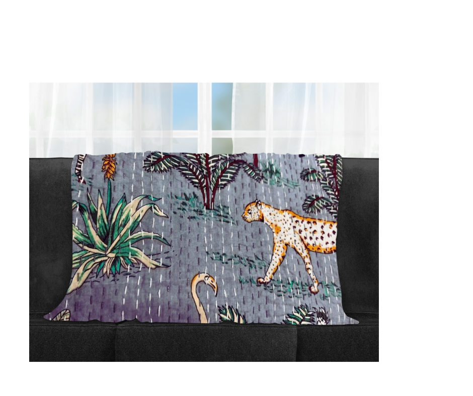 Hand-quilted Kantha Blanket Safari with cotton voile, featuring animal and nature prints, lightweight and reversible, perfect for bed or sofa decor.