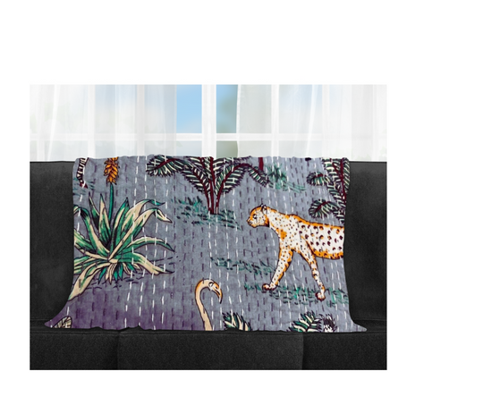 Hand-quilted Kantha Blanket Safari with cotton voile, featuring animal and nature prints, lightweight and reversible, perfect for bed or sofa decor.