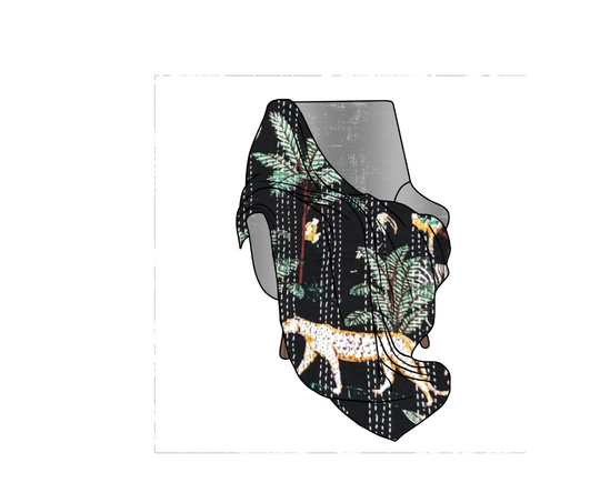 Kantha Blanket Safari with hand-stitched cotton voile featuring wildlife and tree motifs, lightweight and quilted for cozy home decor.