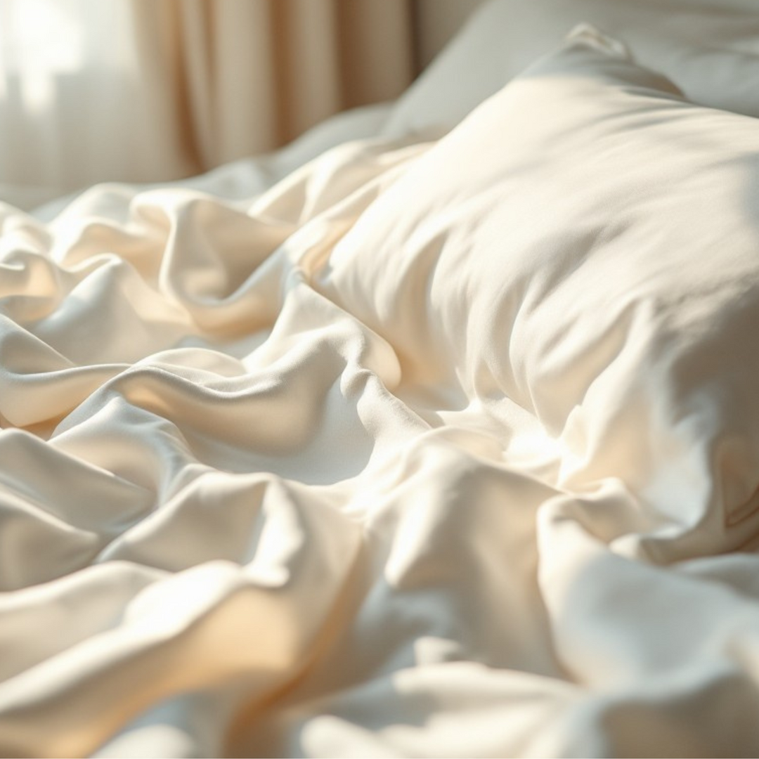 Luxurious cream Mulberry Silk Pillowcases with smooth, breathable 22 momme silk fabric on a bed