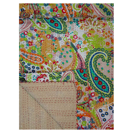 Colorful paisley patterned handmade Kantha Blanket set with hand-stitched details and solid beige reverse side.