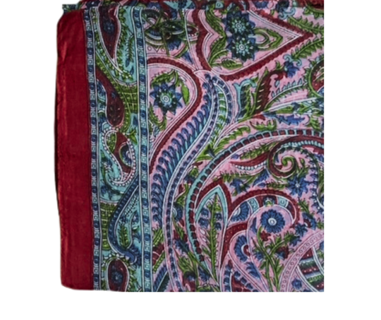 Hand-hemmed lightweight silk scarf with vibrant paisley pattern in red, blue, green, and pink tones