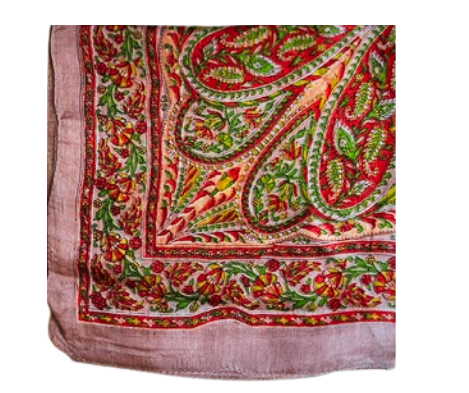 Hand-hemmed lightweight silk scarf with vibrant red and green paisley design, perfect Christmas gift accessory