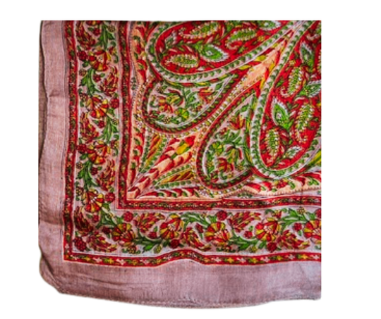 Hand-hemmed lightweight silk scarf with vibrant red and green paisley design, perfect Christmas gift accessory