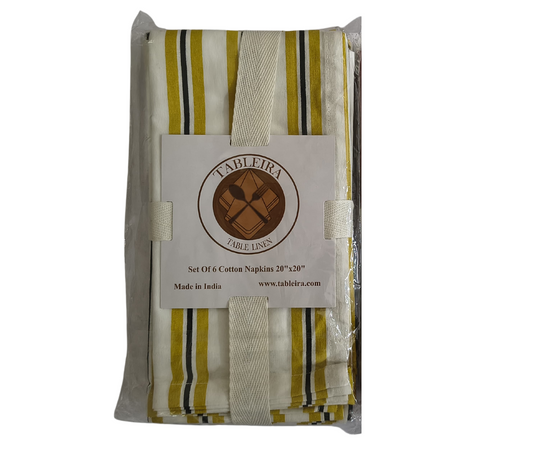 Set of 6 striped cotton table linen napkins 20x20 inches by Tableira, made in India, packaged in clear plastic.