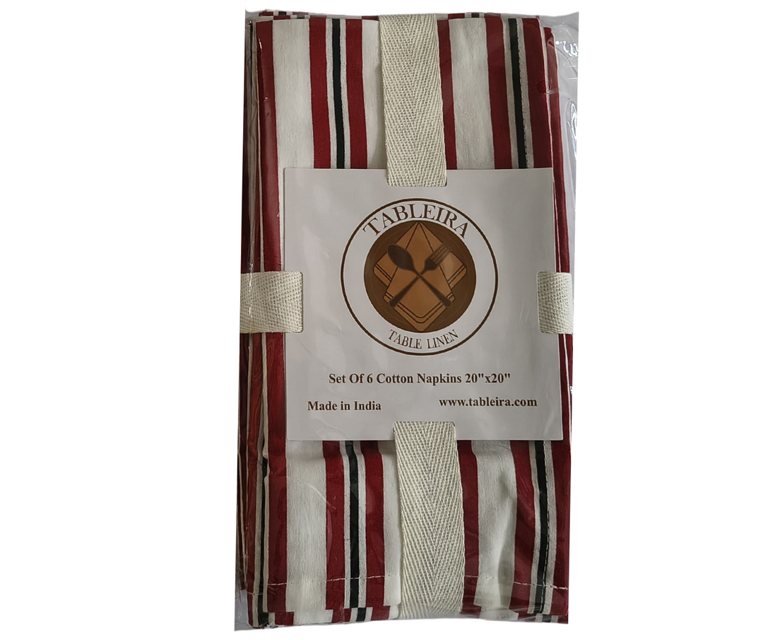Set of six red and white striped cotton table linen napkins 20x20 inches by Tableira