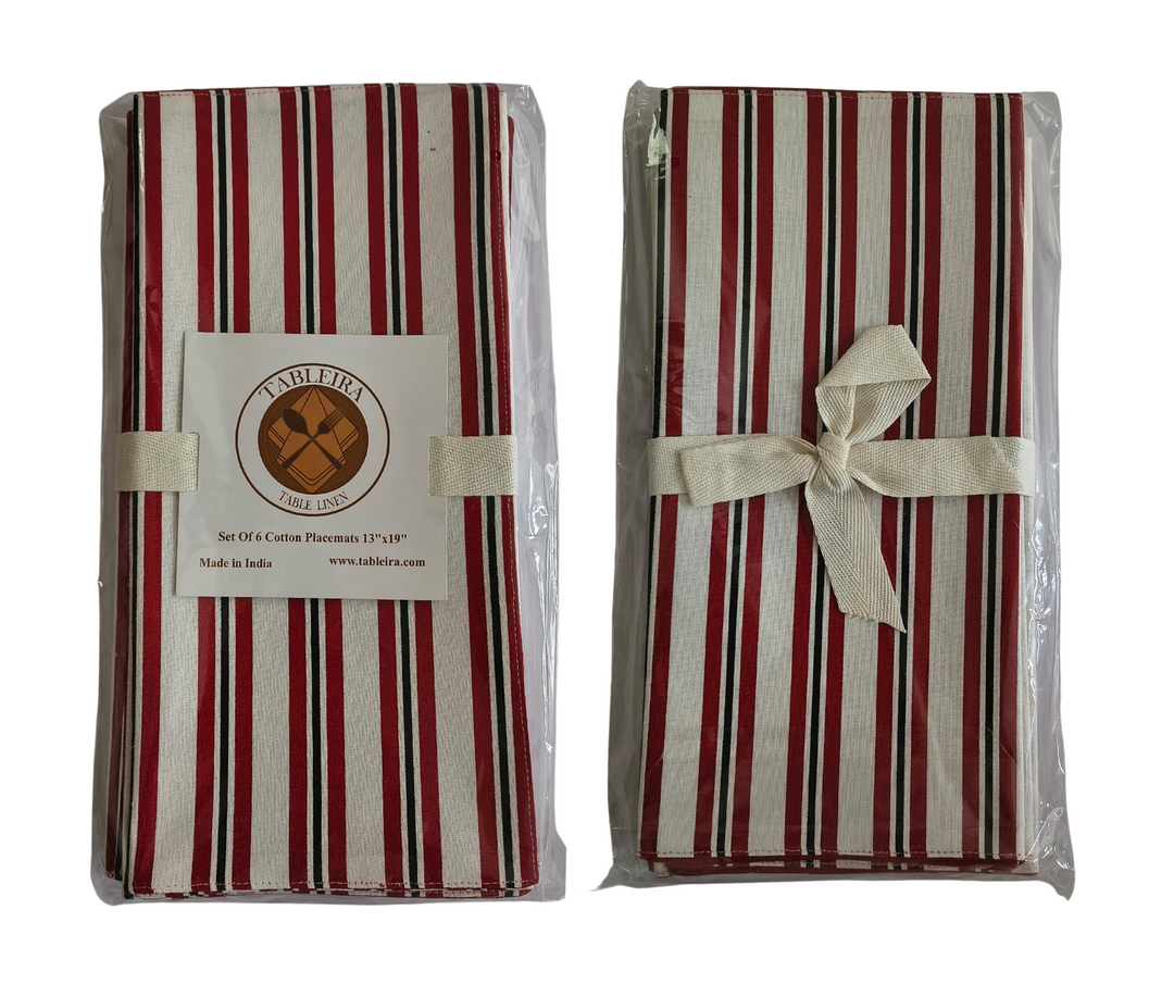 Set of six striped cotton table linen placemats in red, black, and white by Tableira, made in India