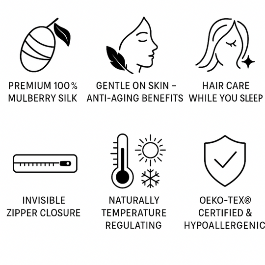 Icons representing premium 100% mulberry silk, gentle on skin with anti-aging benefits, hair care while you sleep, invisible zipper closure, natural temperature regulation, and OEKO-TEX certified hypoallergenic Mulberry Silk Pillowcases.