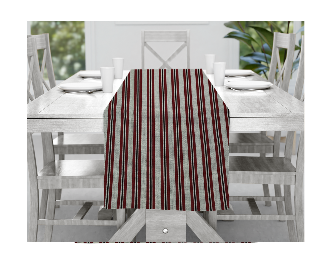 cotton table linen striped table runner on wooden dining table with white chairs and tableware