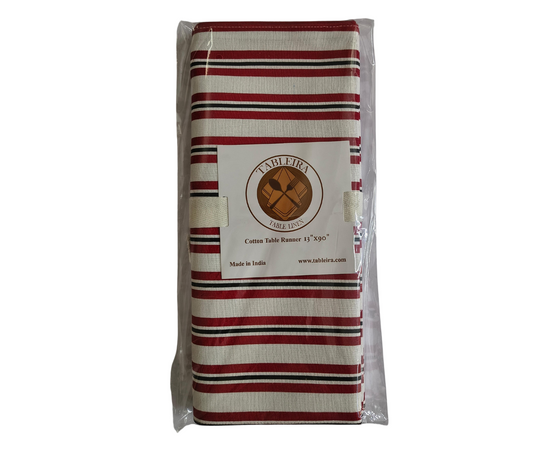 Striped cotton table runner 13x90 inches by Tableira, made in India, packaged in clear plastic